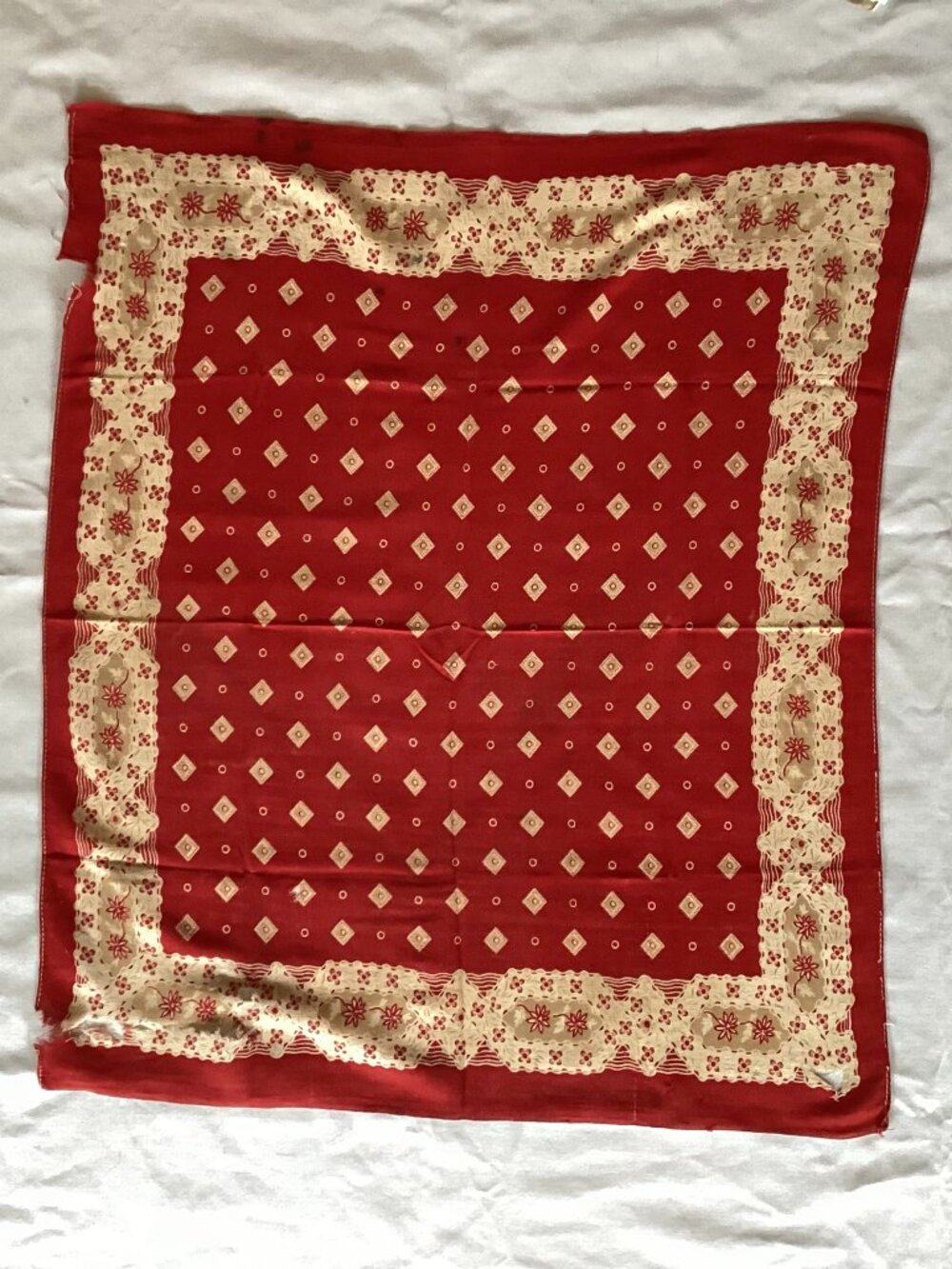Vintage Distressed Red Floral Bandana - Cutter Quilt Fabric - 24x21